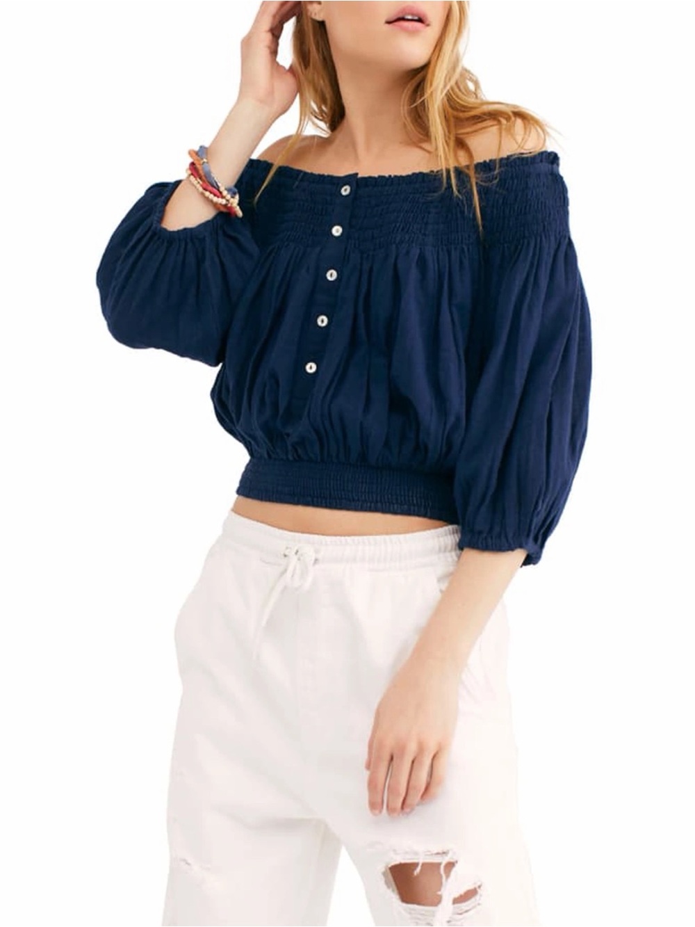 Free People We the Free Navy Blue Dancing Till Dawn Off Shoulder Crop Top XS